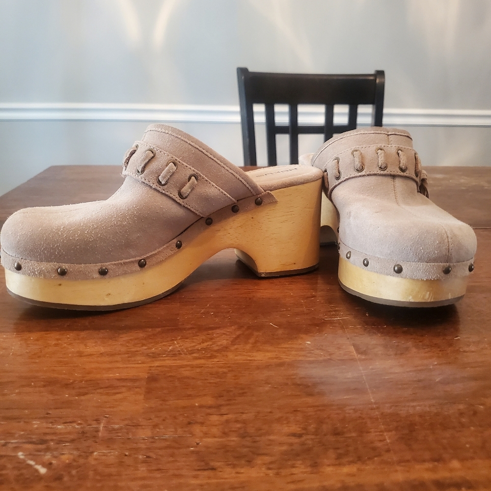 Tan and Brown Mules with Wooden Sole and Studded Detail